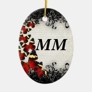 Red butterflies on black lace ceramic tree decoration