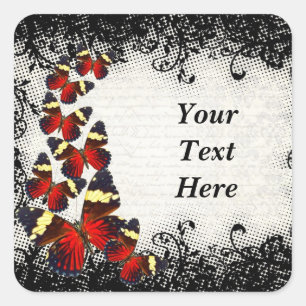 Red butterflies on black lace square sticker