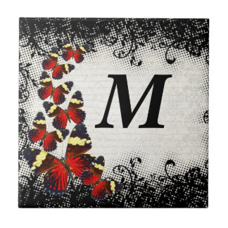 Red butterflies on black lace tile