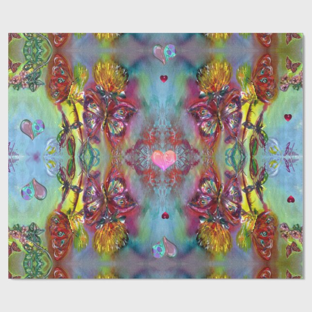 RED BUTTERFLIES ON THISTLES,HEARTS Valentine's Day Wrapping Paper (Flat)