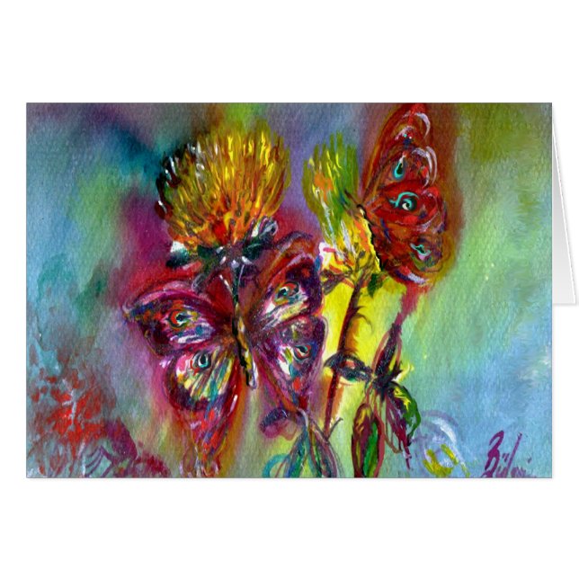 RED BUTTERFLIES ON YELLOW THISTLES,BLUE SKY Floral (Front Horizontal)