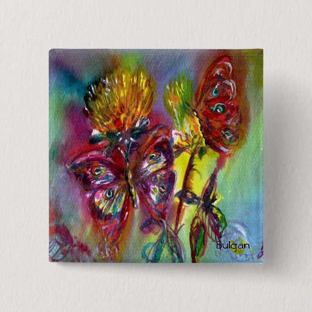 RED BUTTERFLIES ON YELLOW THISTLES,BLUE SKY Floral 15 Cm Square Badge (Front)
