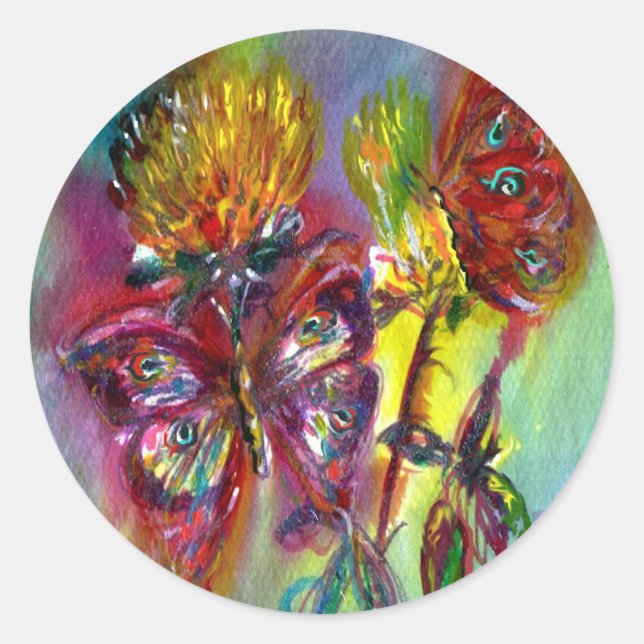 RED BUTTERFLIES ON YELLOW THISTLES,BLUE SKY Floral Classic Round Sticker (Front)