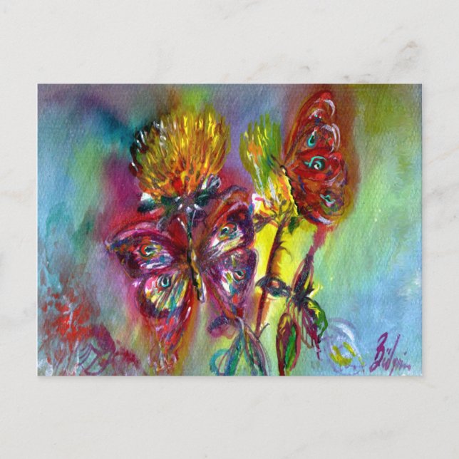 RED BUTTERFLIES ON YELLOW THISTLES,BLUE SKY Floral Postcard (Front)