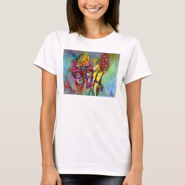 RED BUTTERFLIES ON YELLOW THISTLES,BLUE SKY Floral T-Shirt (Front)