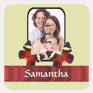 Red butterflies photo template square sticker