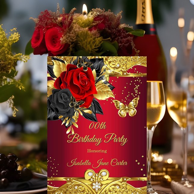 Red Butterflies Rose Floral Gold Birthday Party Invitation (Creator Uploaded)
