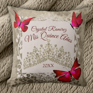 Red Butterflies, Taupe Tiara Quinceanera Pillow