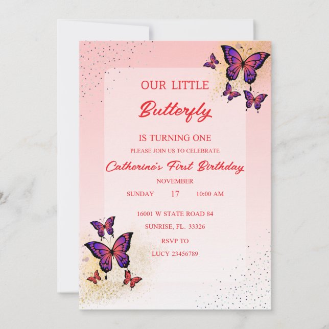 Red butterfly birthday invitations (Front)