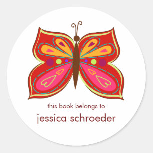 Red Butterfly Book Plates Classic Round Sticker