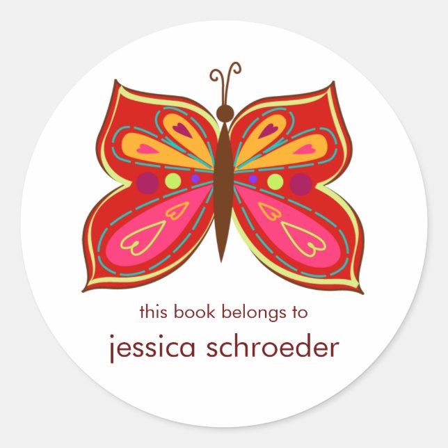 Red Butterfly Book Plates Classic Round Sticker (Front)