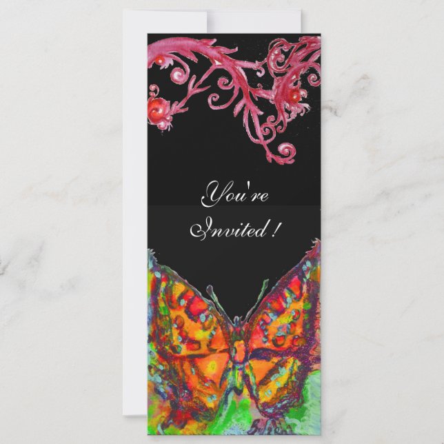 RED BUTTERFLY,FLORAL SWIRLS Gold Yellow Black Invitation (Front)