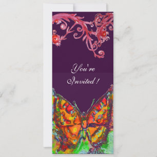 RED BUTTERFLY,FLORAL SWIRLS Gold Yellow Purple Invitation
