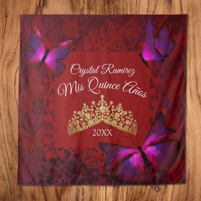 Red Butterfly, Gold Tiara Quinceanera Back Drop Tapestry (Red pink butterflies quinceanera tapestry wall drape, gold tiara crown, red mis quince)
