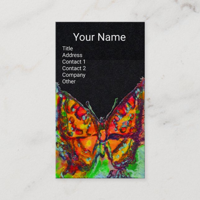 RED BUTTERFLY Gold Yellow Monogram Black Paper Business Card (Front)