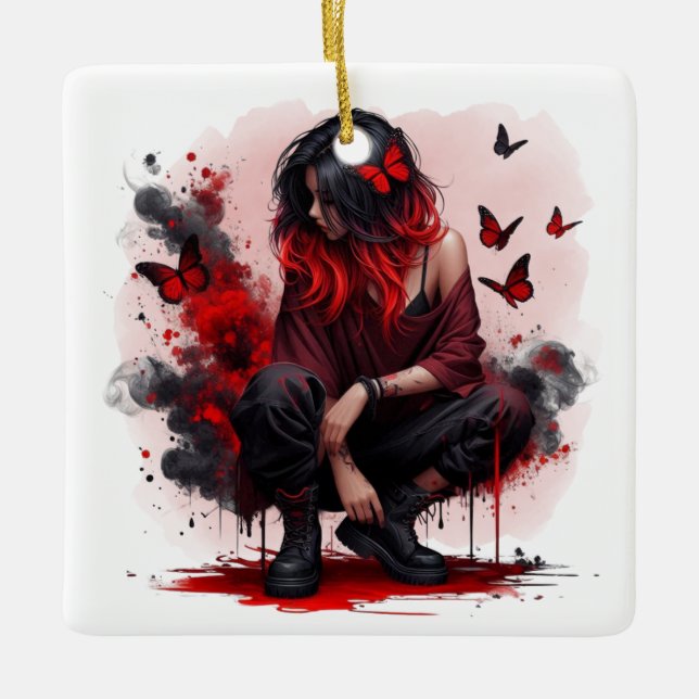 Red butterfly grunge girl ceramic ornament (Front)