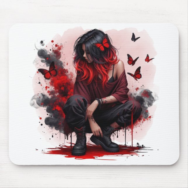 Red butterfly grunge girl mouse pad (Front)