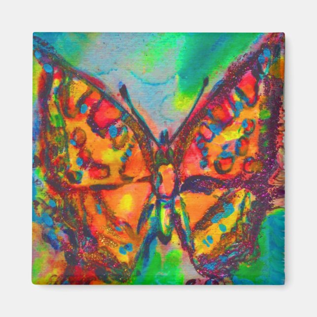 RED BUTTERFLY IN BLUE GREEN GOLD SPARKLES MAGNET (Front)