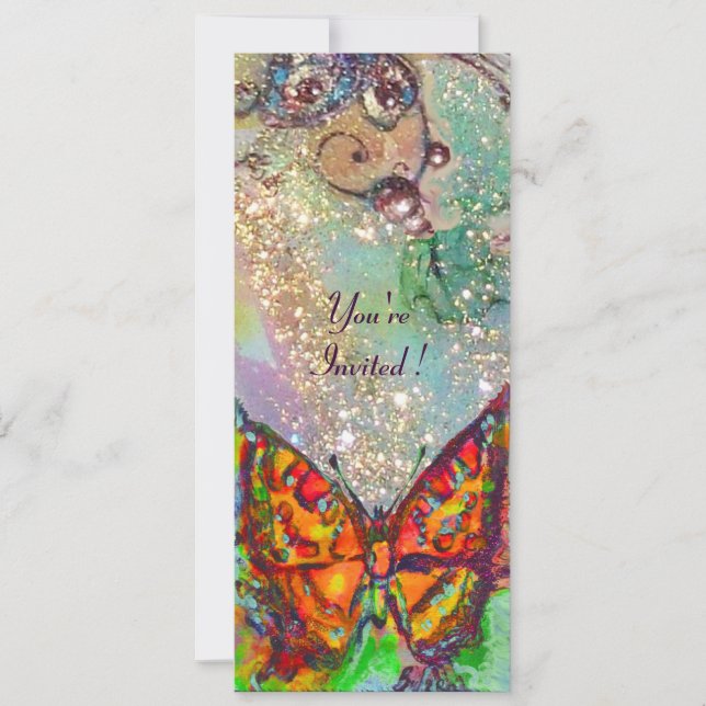 RED BUTTERFLY IN BLUE GREEN TEAL GOLD SPARKLES INVITATION (Front)
