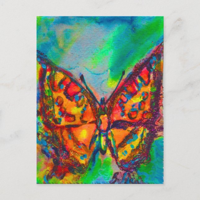 RED BUTTERFLY IN BLUE GREEN TEAL GOLD SPARKLES POSTCARD (Front)