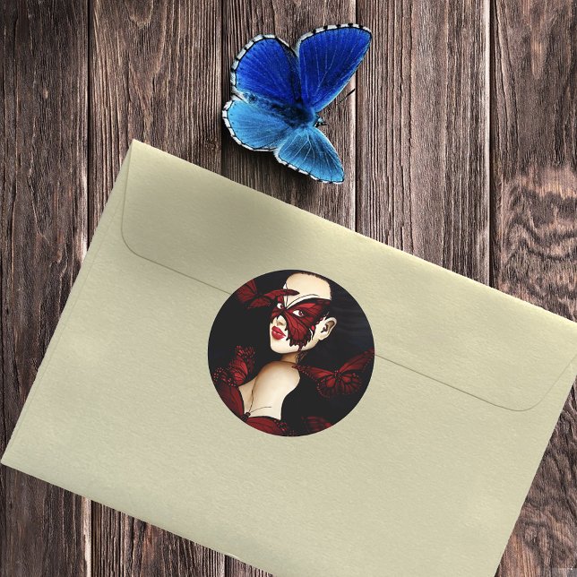 Red Butterfly Masquerade Woman Gothic Fantasy Classic Round Sticker (Creator Uploaded)