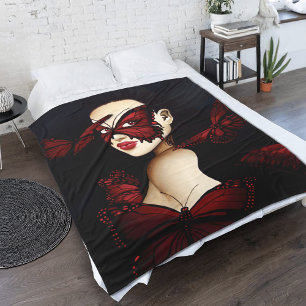 Red Butterfly Masquerade Woman Gothic Fantasy Fleece Blanket