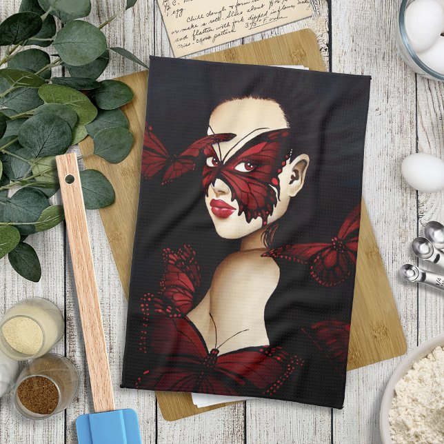 Red Butterfly Masquerade Woman Gothic Fantasy Tea Towel (Creator Uploaded)