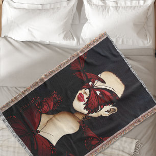 Red Butterfly Masquerade Woman Gothic Fantasy Throw Blanket