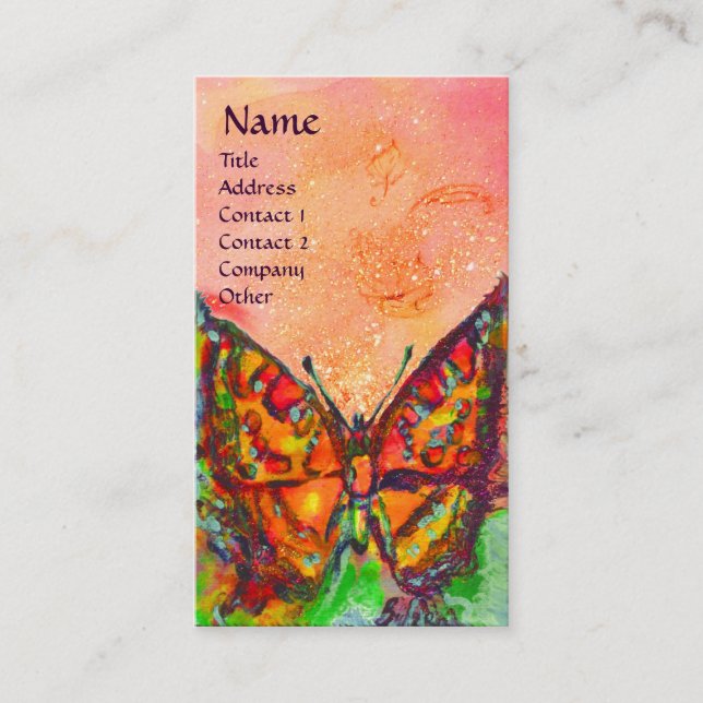 RED BUTTERFLY  PINK YELLOW GOLD SPARKLES Monogram Business Card (Front)