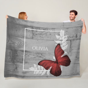 Red Butterfly Rustic Personalised Fleece Blanket