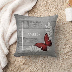 Red Butterfly Rustic Throw Pillow