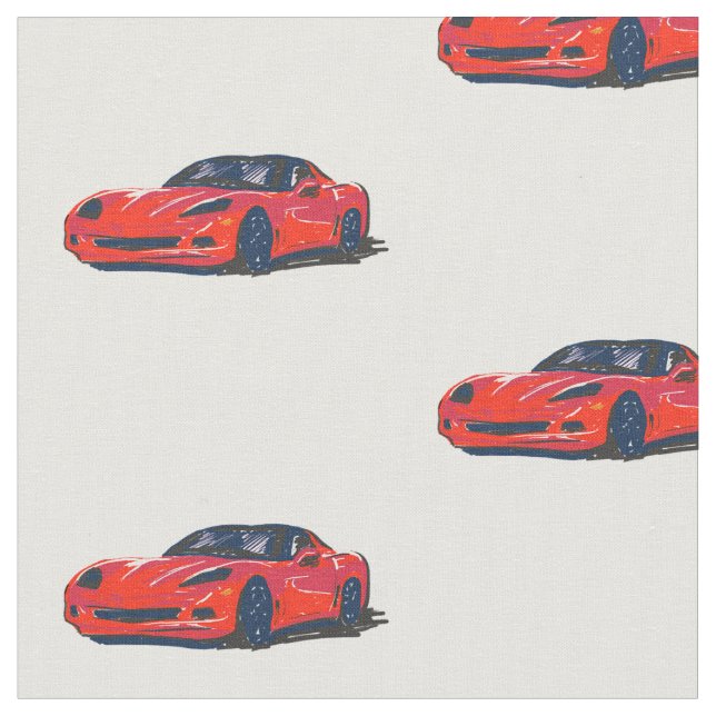 Red C6 Corvette Hand Drawn Sketch Fabric (Close Up)