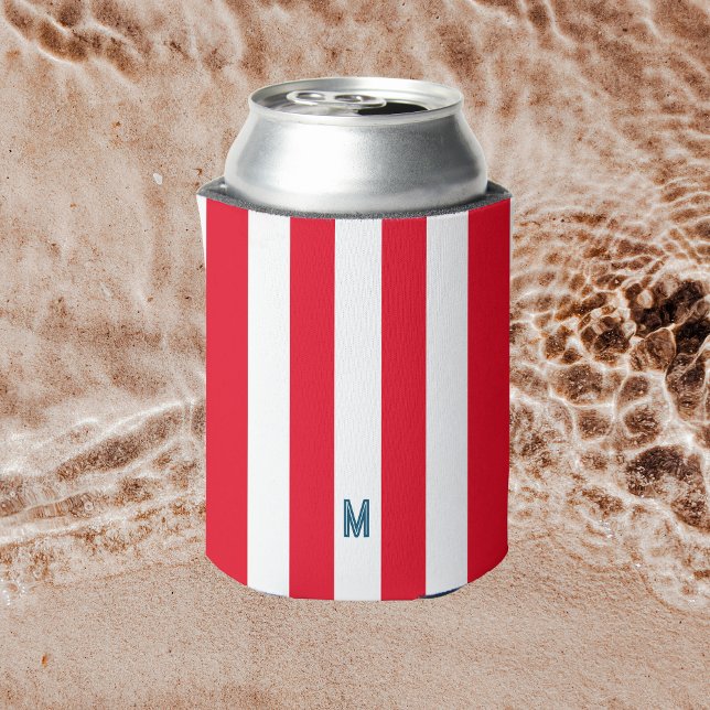 Red Cabana Stripe & Personalised Navy Monogram Can Cooler (Creator Uploaded)
