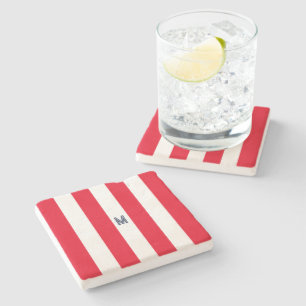 Red Cabana Stripe & Personalised Navy Monogram Stone Coaster