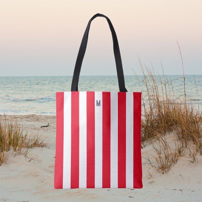 Red Cabana Stripe & Personalised Navy Monogram Tote Bag (Creator Uploaded)