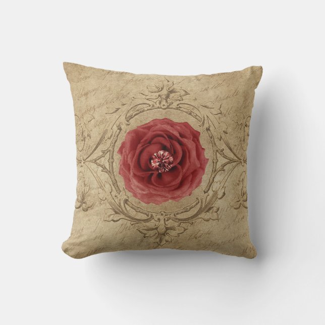 Red Cabbage Rose Within an Antique Style Frame Cushion (Front)