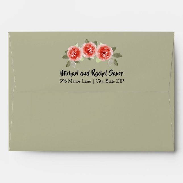 Red Cabbage Roses Green Envelope (Back (Top Flap))