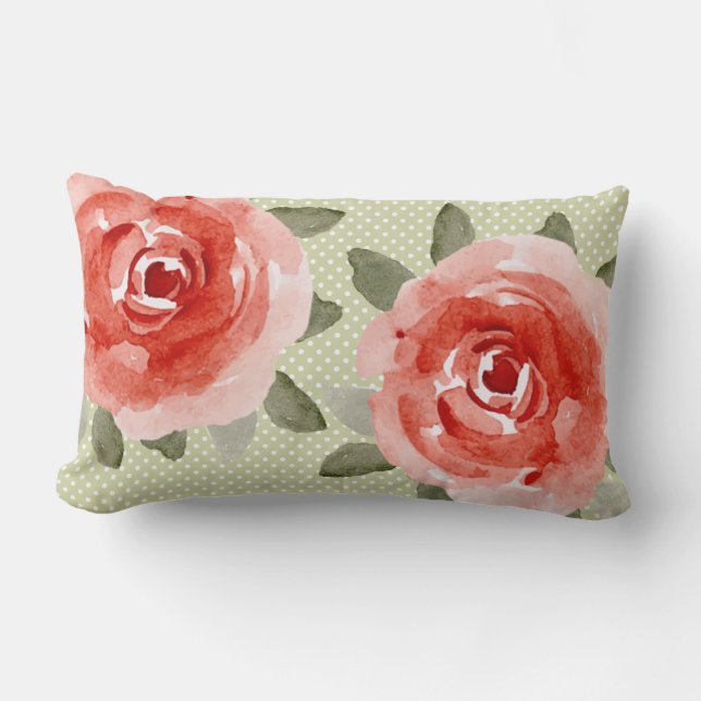 Red Cabbage Roses on White and Lime Dots Pillow (Front)