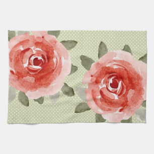 Red Cabbage Roses on White and Lime Dots Towels