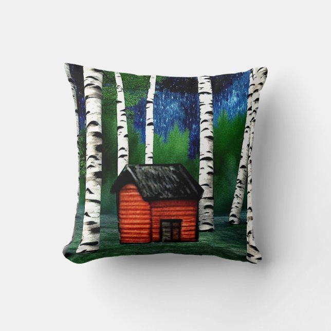 Red Cabin in Birch Forest Cushion (Front)