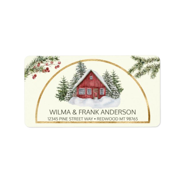 Red Cabin in Snow with Evergreens Label (Front)