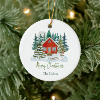 Red Cabin Merry Christmas Customisable Name   Ceramic Tree Decoration