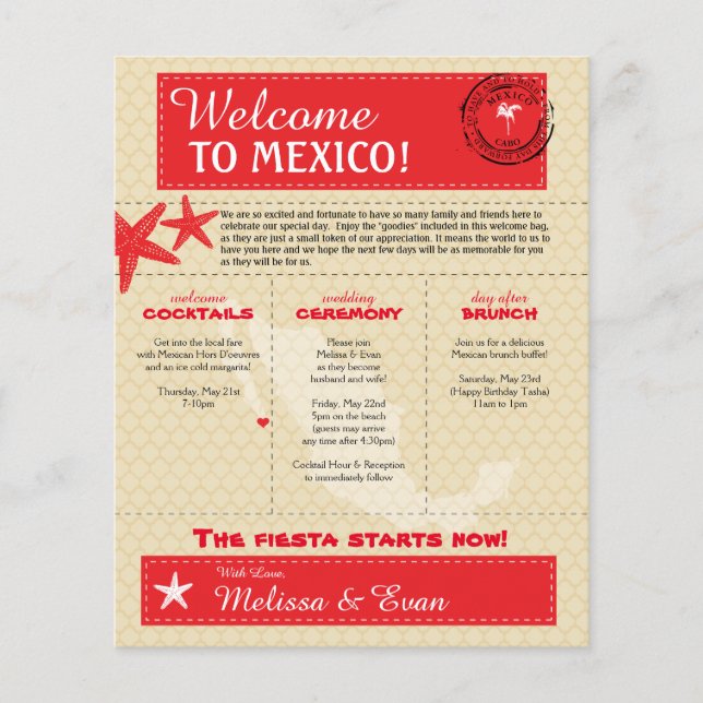 Red Cabo Mexico Wedding Welcome Letter (Front)