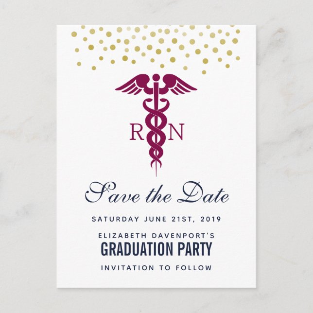 Red Caduceus Nurse Graduate Save the Date Postcard (Front)