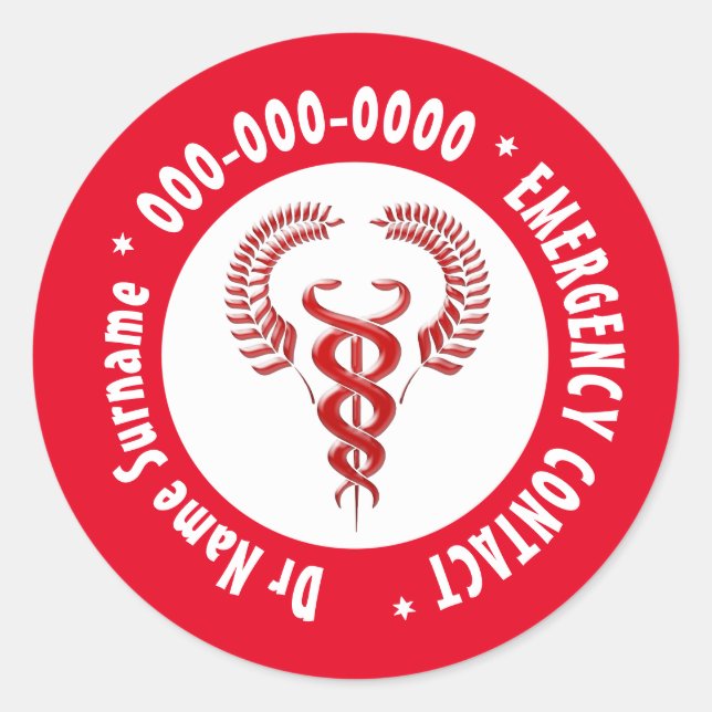 Red caduceus on white with emergency contact classic round sticker (Front)