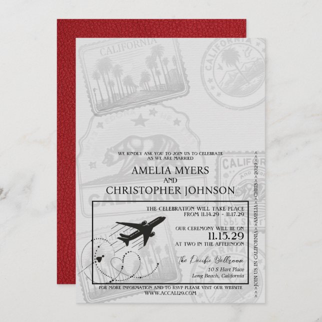Red California Passport Wedding Invitation (Front/Back)