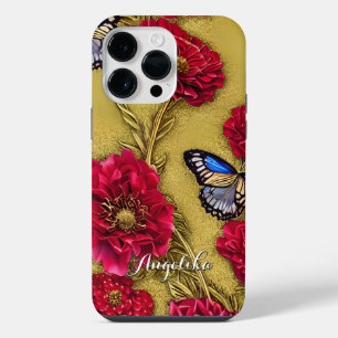 Red California Poppies Butterflies Gold Background iPhone 14 Pro Max Case
