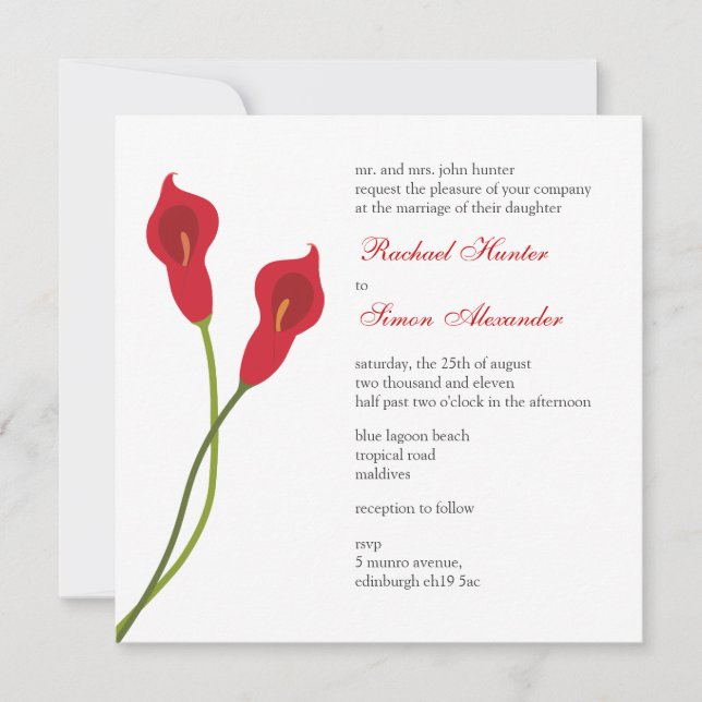 Red Calla Lilies Wedding Invitiation Invitation (Front)