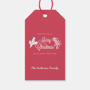Red Calligraphy and Foliage Christmas Gift Tags