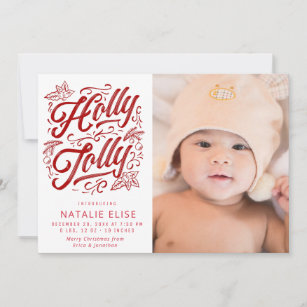 Red calligraphy holly jolly birth announcement
